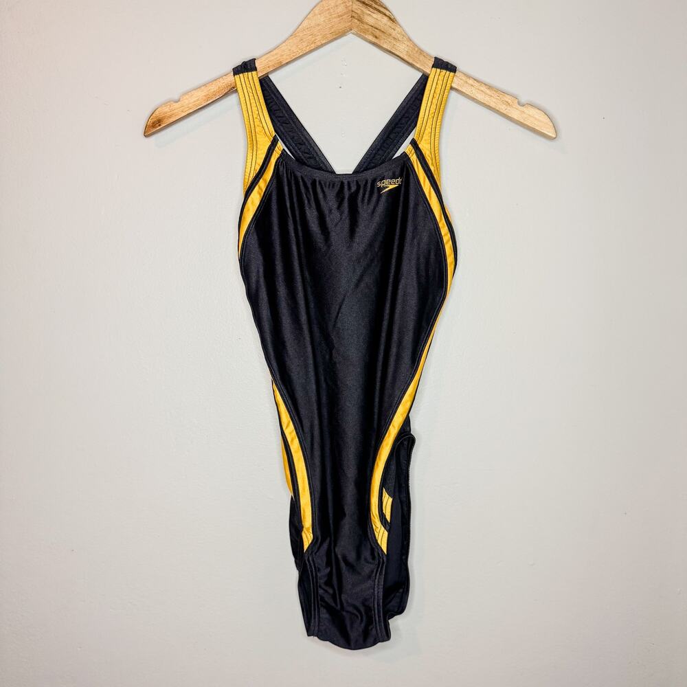 Vintage 90s Speedo Endurance One Piece Swimsuit Black Yellow High Cut 10/36